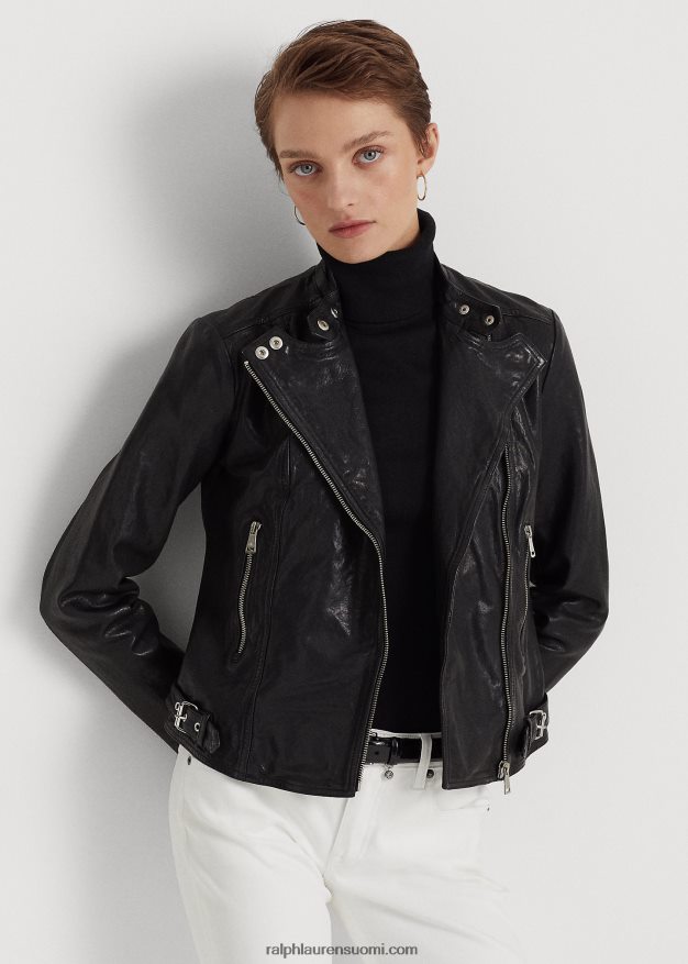 Ralph Lauren naiset kiillotettu nahkainen biker-takki 0Z24ZR4248 musta