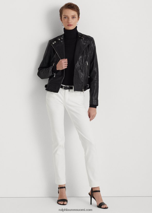 Ralph Lauren naiset kiillotettu nahkainen biker-takki 0Z24ZR4248 musta