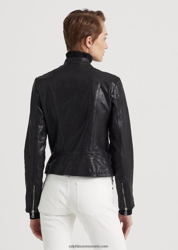Ralph Lauren naiset kiillotettu nahkainen biker-takki 0Z24ZR4248 musta