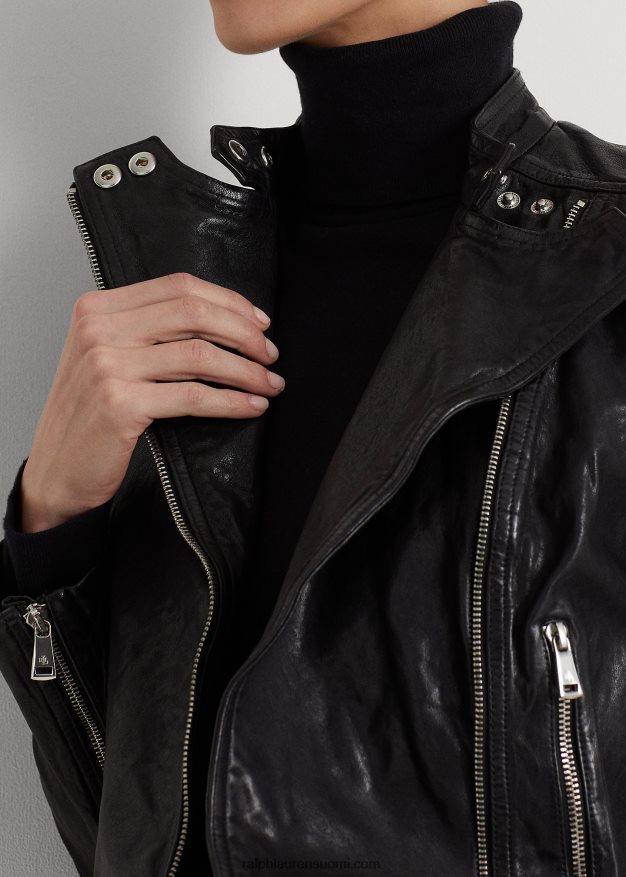 Ralph Lauren naiset kiillotettu nahkainen biker-takki 0Z24ZR4248 musta