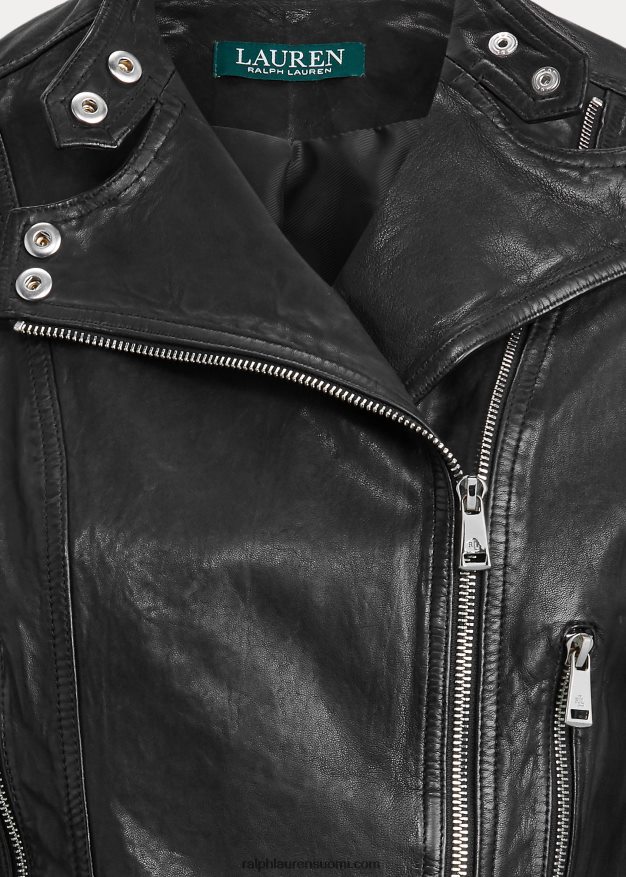 Ralph Lauren naiset kiillotettu nahkainen biker-takki 0Z24ZR4248 musta