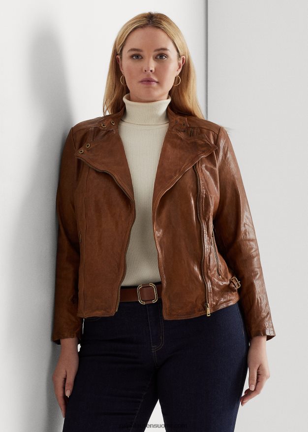 Ralph Lauren naiset kiillotettu nahkainen mototakki 0Z24ZR4616 tumma pähkinä