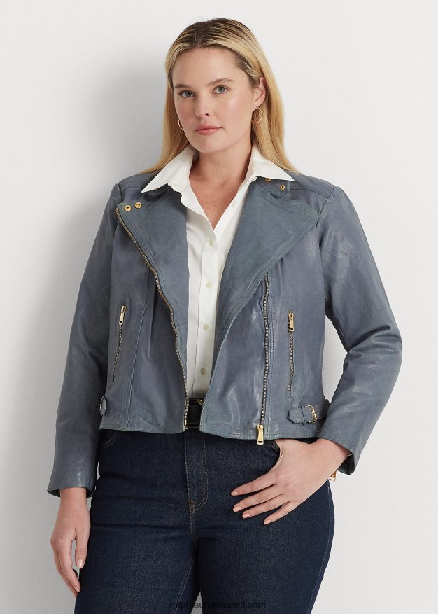 Ralph Lauren naiset kiillotettu nahkainen mototakki 0Z24ZR4617 chambray sininen