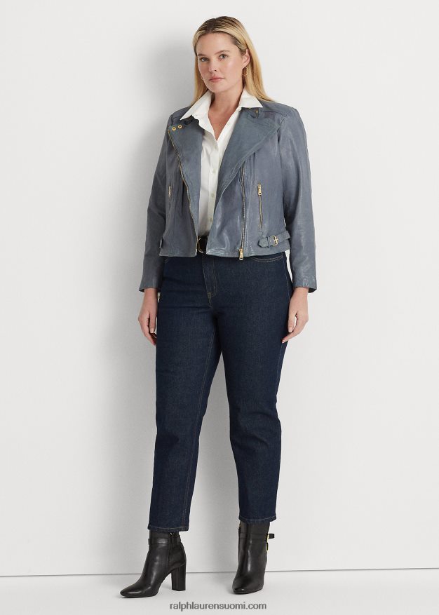 Ralph Lauren naiset kiillotettu nahkainen mototakki 0Z24ZR4617 chambray sininen