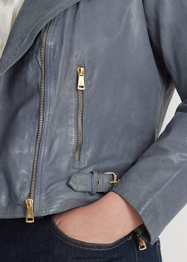 Ralph Lauren naiset kiillotettu nahkainen mototakki 0Z24ZR4617 chambray sininen