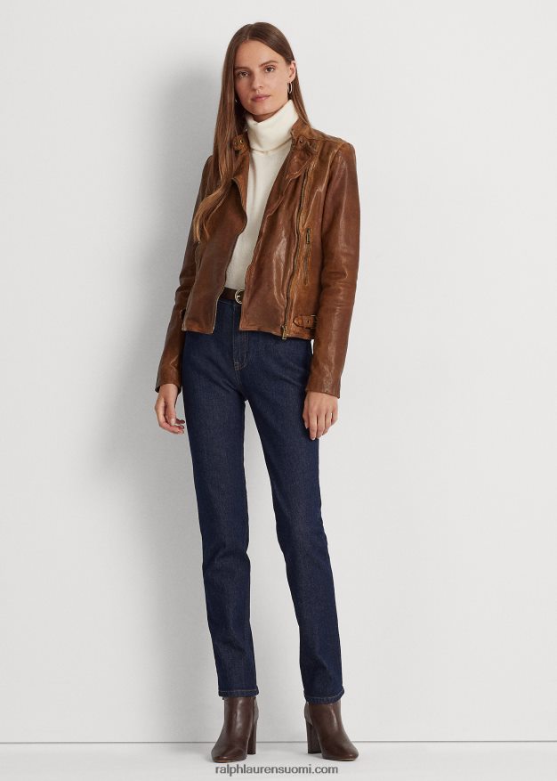 Ralph Lauren naiset kiillotettu nahkainen mototakki 0Z24ZR4830 tumma pähkinä