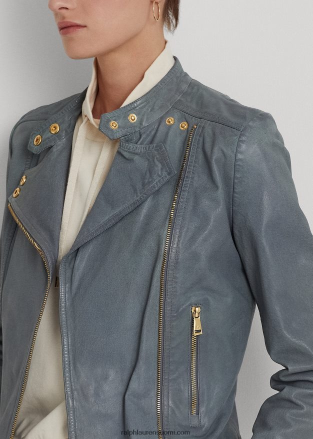 Ralph Lauren naiset kiillotettu nahkainen mototakki 0Z24ZR4831 chambray sininen