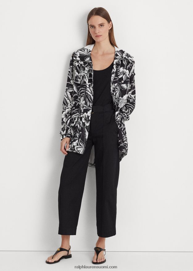 Ralph Lauren naiset kukkainen ripstop-hupullinen tuulitakki 0Z24ZR3936 musta valkoinen