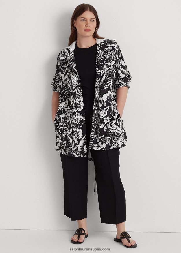 Ralph Lauren naiset kukkainen ripstop-hupullinen tuulitakki 0Z24ZR4578 musta valkoinen