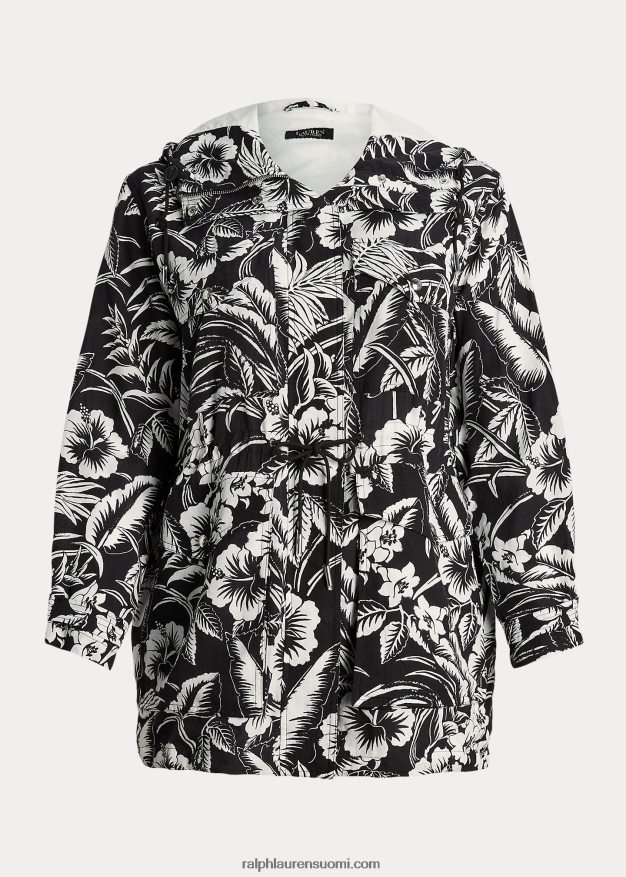 Ralph Lauren naiset kukkainen ripstop-hupullinen tuulitakki 0Z24ZR4578 musta valkoinen