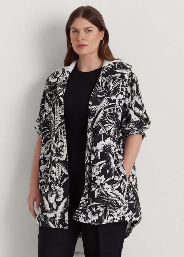 Ralph Lauren naiset kukkainen ripstop-hupullinen tuulitakki 0Z24ZR4578 musta valkoinen