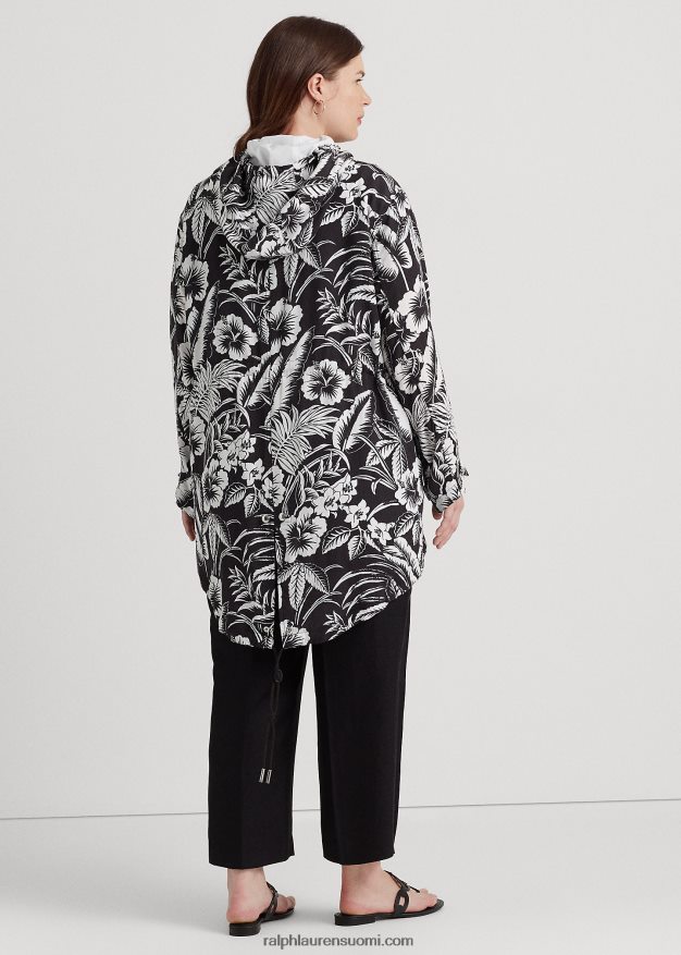 Ralph Lauren naiset kukkainen ripstop-hupullinen tuulitakki 0Z24ZR4578 musta valkoinen