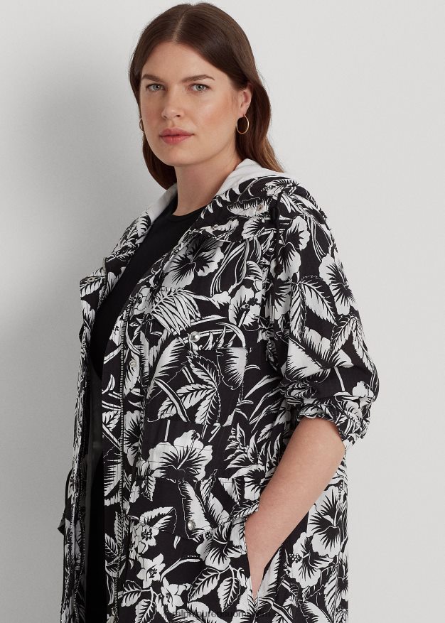 Ralph Lauren naiset kukkainen ripstop-hupullinen tuulitakki 0Z24ZR4578 musta valkoinen