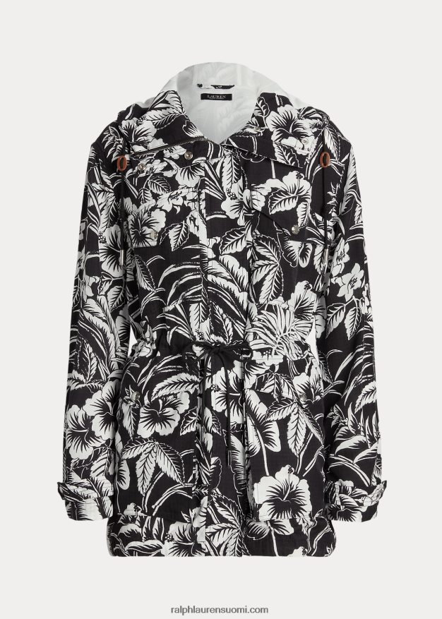 Ralph Lauren naiset kukkainen ripstop-hupullinen tuulitakki 0Z24ZR9464 musta valkoinen