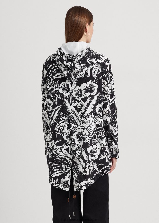 Ralph Lauren naiset kukkainen ripstop-hupullinen tuulitakki 0Z24ZR9464 musta valkoinen