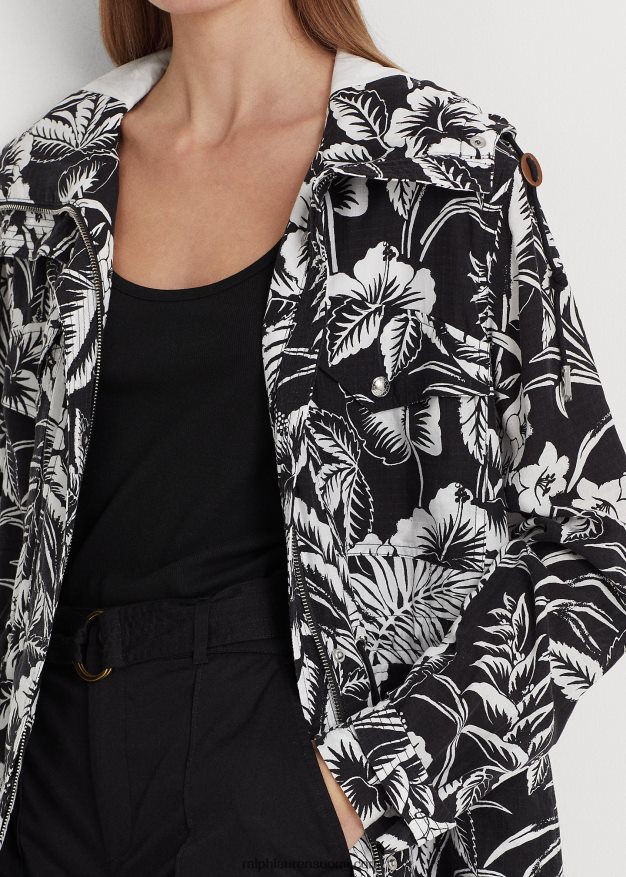 Ralph Lauren naiset kukkainen ripstop-hupullinen tuulitakki 0Z24ZR9464 musta valkoinen