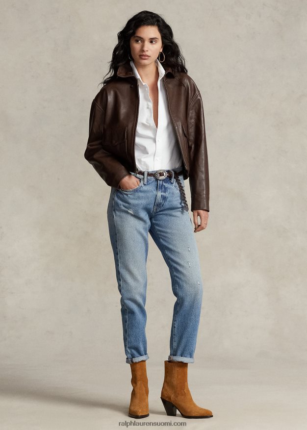 Ralph Lauren naiset leikattu nahkainen bomber-takki 0Z24ZR3221 ruskea