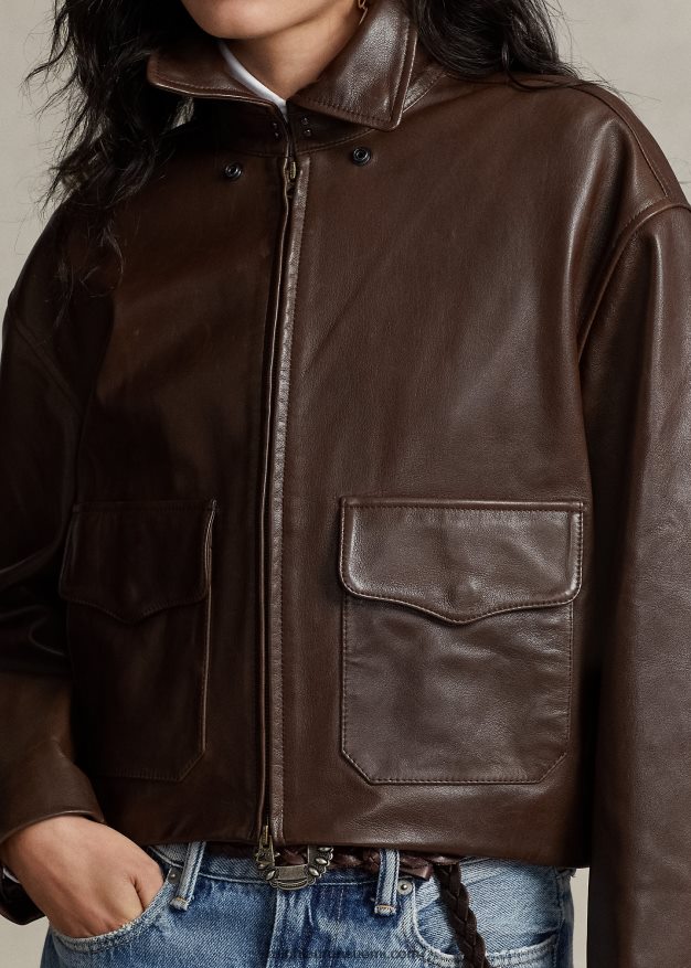 Ralph Lauren naiset leikattu nahkainen bomber-takki 0Z24ZR3221 ruskea