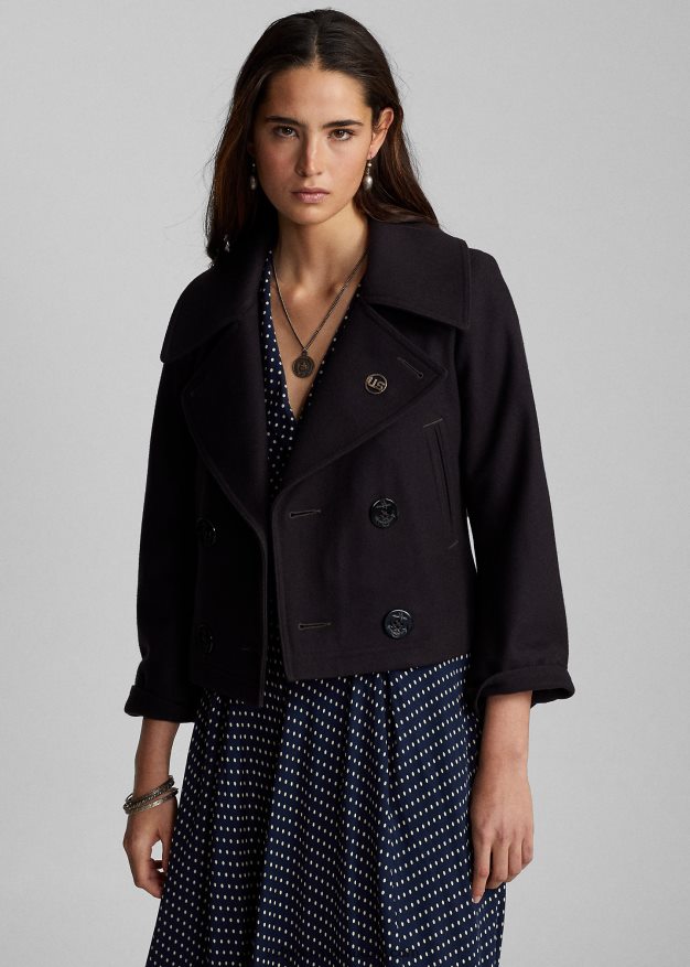 Ralph Lauren naiset leikattu villasekoite melton peatakki 0Z24ZR3672 laivasto