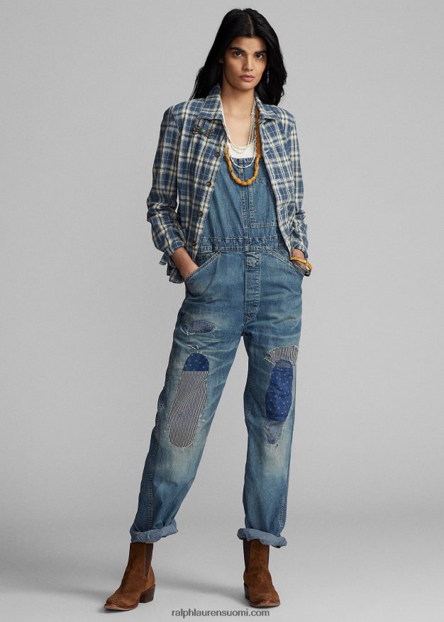 Ralph Lauren naiset ruudullinen puuvilla-pellavatakki 0Z24ZR3638 indigo/kerma