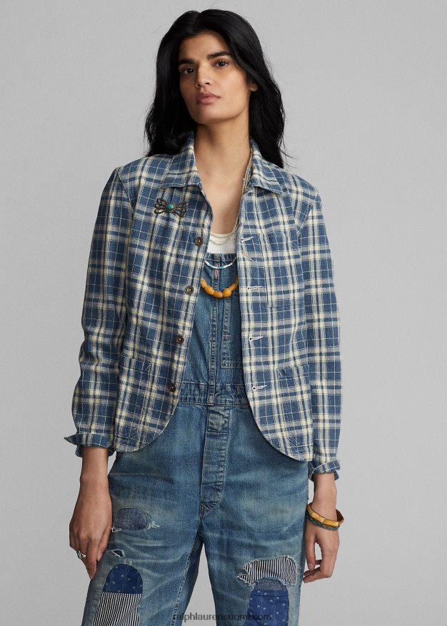 Ralph Lauren naiset ruudullinen puuvilla-pellavatakki 0Z24ZR3638 indigo/kerma