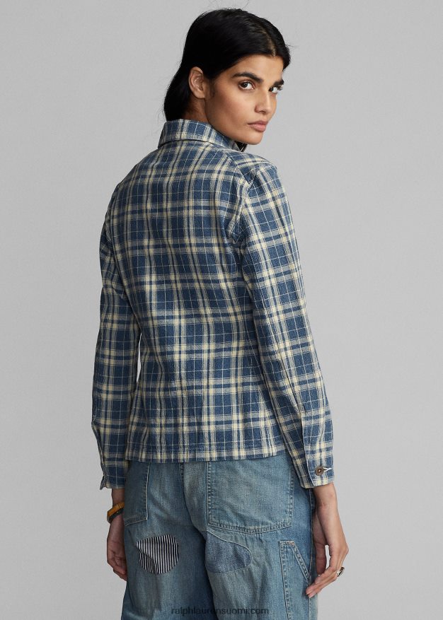 Ralph Lauren naiset ruudullinen puuvilla-pellavatakki 0Z24ZR3638 indigo/kerma
