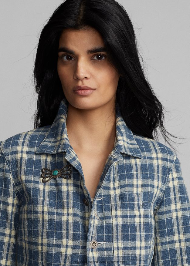 Ralph Lauren naiset ruudullinen puuvilla-pellavatakki 0Z24ZR3638 indigo/kerma