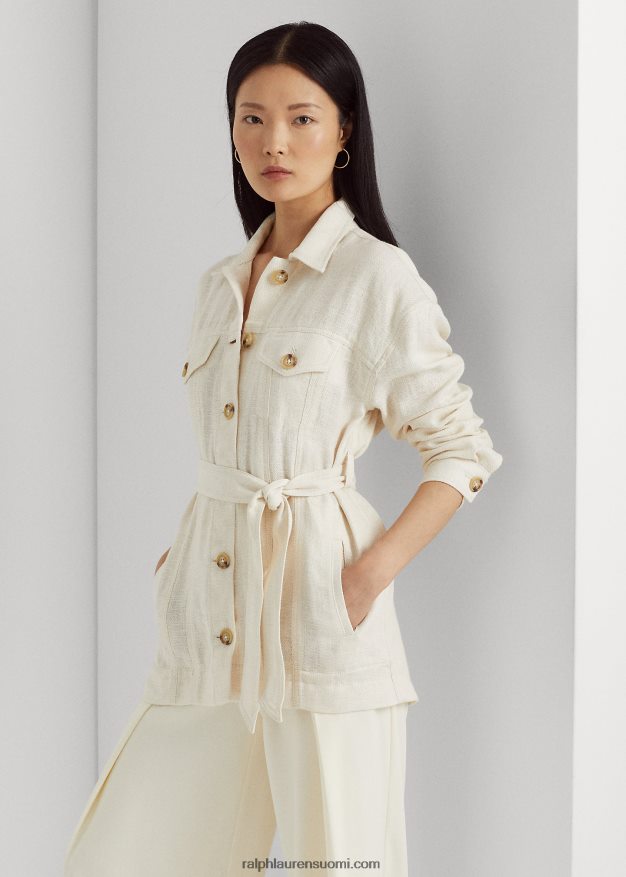 Ralph Lauren naiset vyöllinen kalanruoto pellava paitatakki 0Z24ZR4438 mascarpone-kermaa