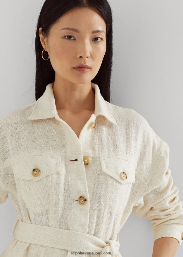 Ralph Lauren naiset vyöllinen kalanruoto pellava paitatakki 0Z24ZR4438 mascarpone-kermaa