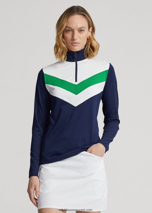 Ralph Lauren naiset chevron-raitainen neljännesvetoketjupusero 0Z24ZR3718 hienostunut laivaston/risteilynvihreä