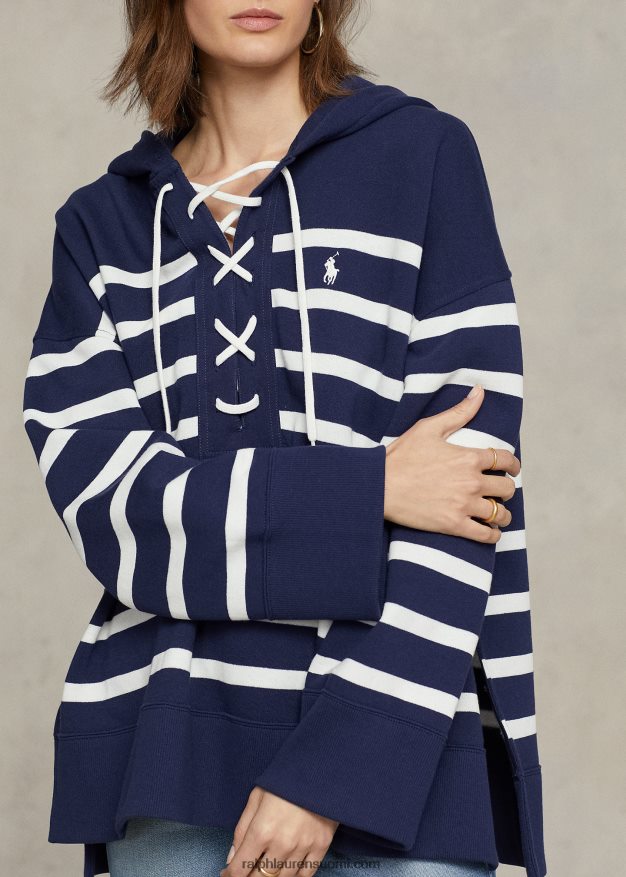 Ralph Lauren naiset raidallinen nauhallinen fleecepusero 0Z24ZR3044 newport laivasto/valkoinen