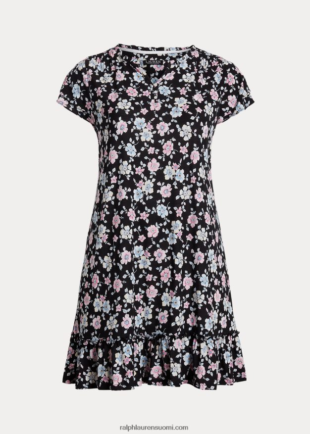 Ralph Lauren naiset kukkainen trikoo lepahihainen yöpaita 0Z24ZR4711 musta jauhettu kukka