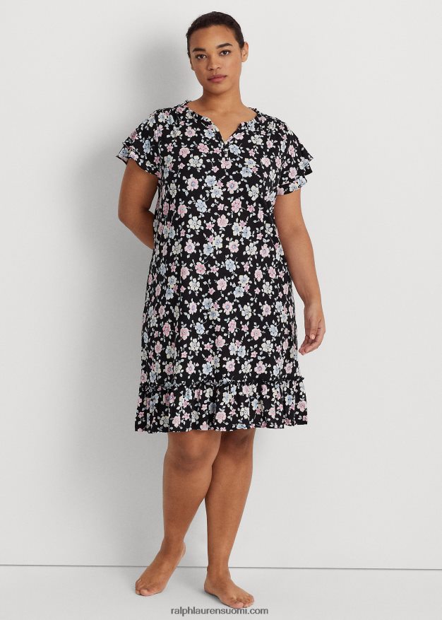 Ralph Lauren naiset kukkainen trikoo lepahihainen yöpaita 0Z24ZR4711 musta jauhettu kukka