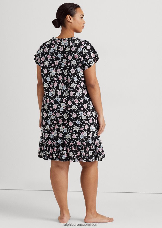 Ralph Lauren naiset kukkainen trikoo lepahihainen yöpaita 0Z24ZR4711 musta jauhettu kukka