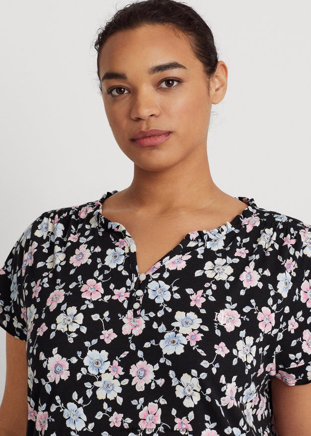 Ralph Lauren naiset kukkainen trikoo lepahihainen yöpaita 0Z24ZR4711 musta jauhettu kukka