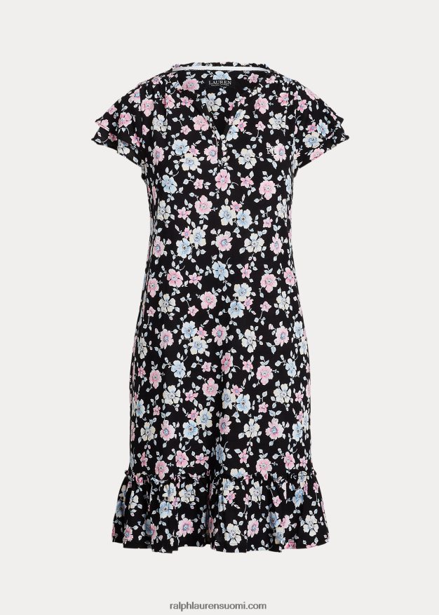 Ralph Lauren naiset kukkainen trikoo lepahihainen yöpaita 0Z24ZR9443 musta jauhettu kukka