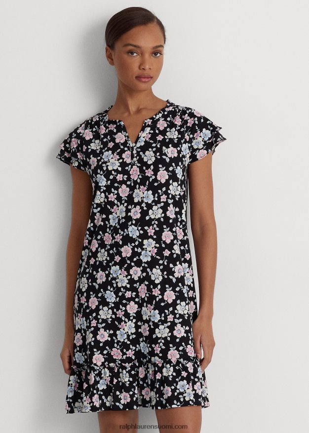 Ralph Lauren naiset kukkainen trikoo lepahihainen yöpaita 0Z24ZR9443 musta jauhettu kukka