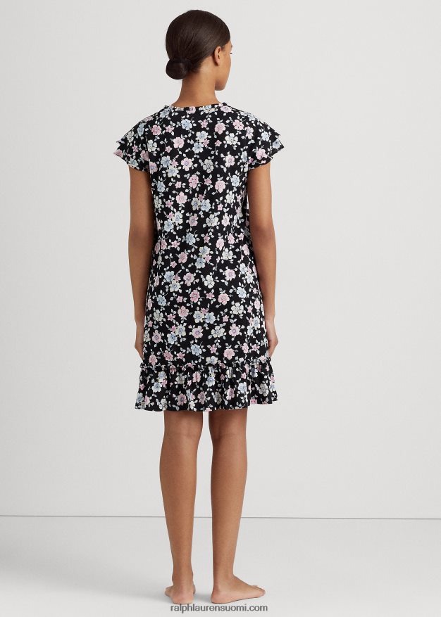 Ralph Lauren naiset kukkainen trikoo lepahihainen yöpaita 0Z24ZR9443 musta jauhettu kukka