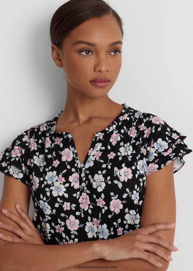 Ralph Lauren naiset kukkainen trikoo lepahihainen yöpaita 0Z24ZR9443 musta jauhettu kukka