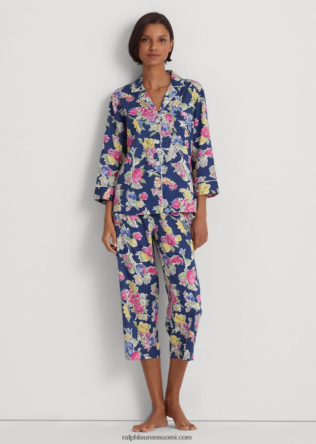 Ralph Lauren naiset kukkapuuvillasekoitetta nurmikon capri-nukkusetti 0Z24ZR4839 laivasto printti
