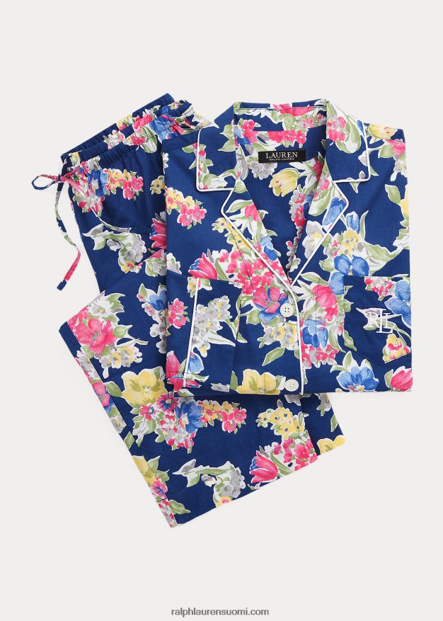 Ralph Lauren naiset kukkapuuvillasekoitetta nurmikon capri-nukkusetti 0Z24ZR9414 laivasto printti