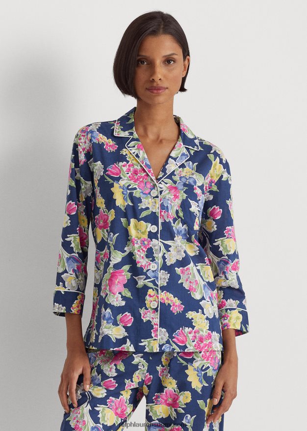 Ralph Lauren naiset kukkapuuvillasekoitetta nurmikon capri-nukkusetti 0Z24ZR9414 laivasto printti