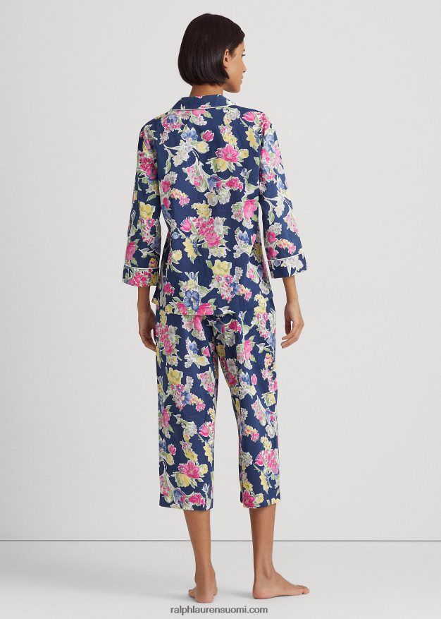 Ralph Lauren naiset kukkapuuvillasekoitetta nurmikon capri-nukkusetti 0Z24ZR9414 laivasto printti