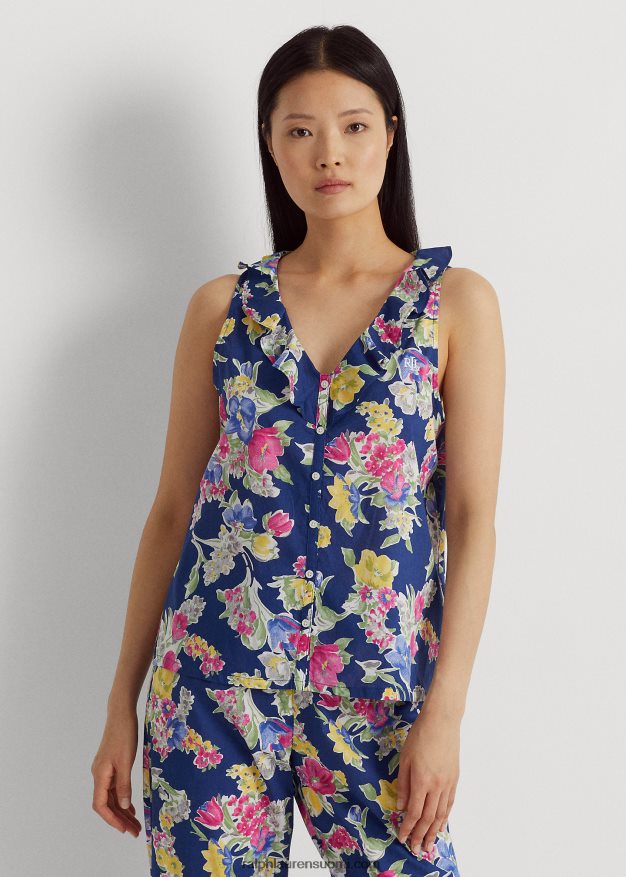 Ralph Lauren naiset kukkapuuvillasekoitettu nurmikkopyjamasetti 0Z24ZR3970 laivasto printti