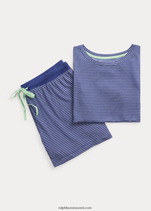 Ralph Lauren naiset logo raidallinen jersey boxer pyjama setti 0Z24ZR3944 laivasto raita