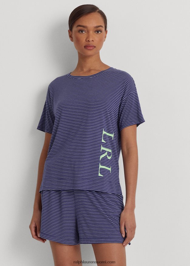 Ralph Lauren naiset logo raidallinen jersey boxer pyjama setti 0Z24ZR3944 laivasto raita
