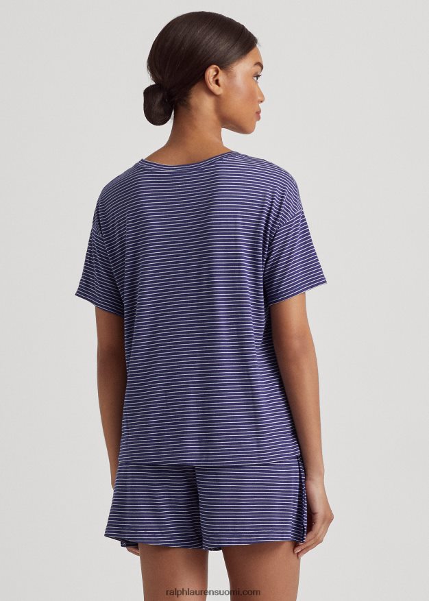 Ralph Lauren naiset logo raidallinen jersey boxer pyjama setti 0Z24ZR3944 laivasto raita