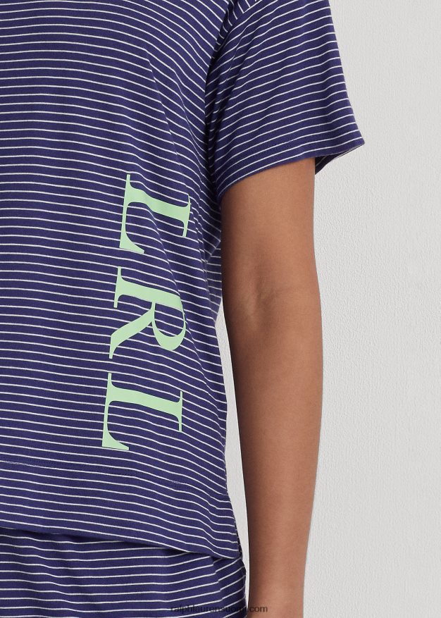 Ralph Lauren naiset logo raidallinen jersey boxer pyjama setti 0Z24ZR3944 laivasto raita