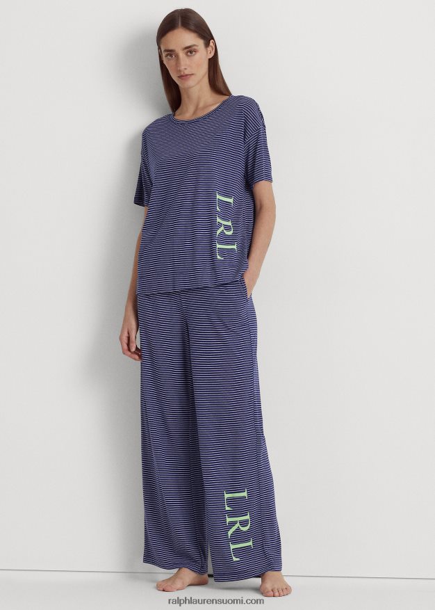 Ralph Lauren naiset logo raidallinen jersey-pyjamasetti 0Z24ZR9418 laivasto raita