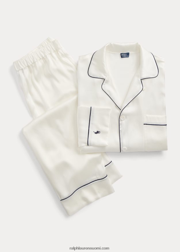 Ralph Lauren naiset pitkähihainen joustava silkkipyjamasetti 0Z24ZR3007 ekru
